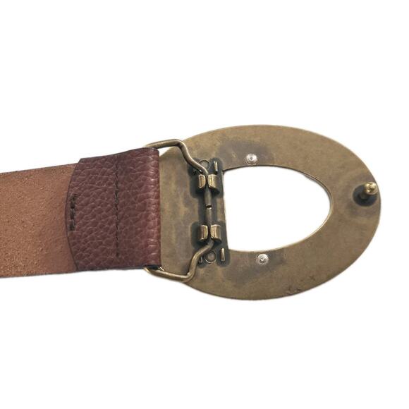 Fossil Leather Belt Cognac Brown Oval Hammered Buckle Silver Brass Tones Medium - Picture 5 of 7